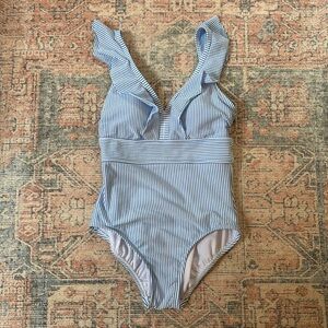 Time and Tru Blue and White Striped One Piece Swimsuit Size Small